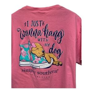 Simply Southern, Pink T-Shirt Womens Large, Short Sleeve, "Wanna Hang w/ My Dog"